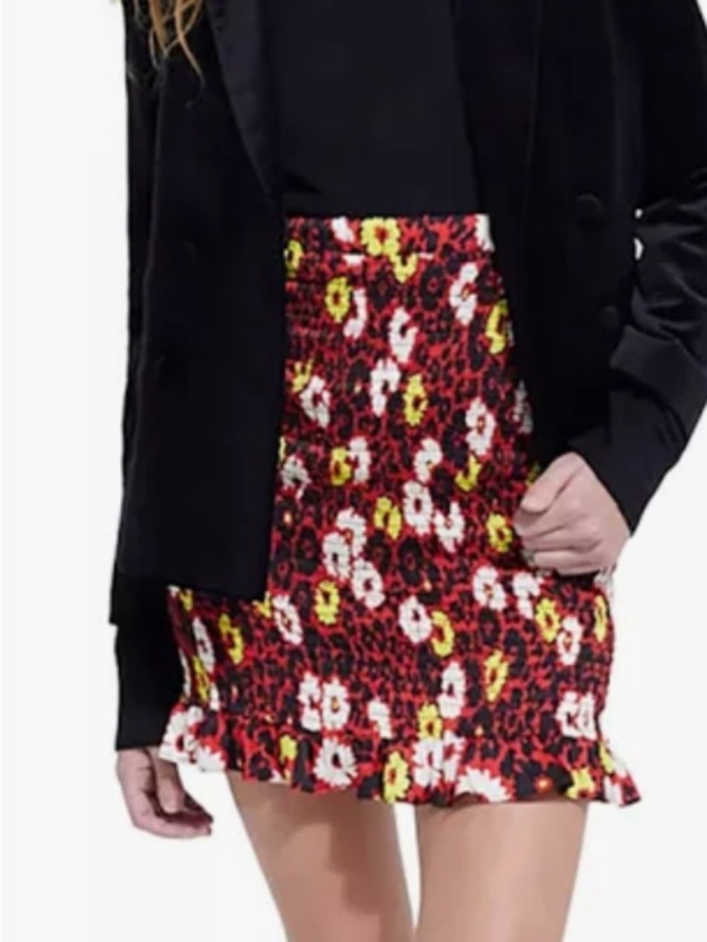 The Kooples Red Floral Smocked Mini Skirt with Yellow and White Flowers